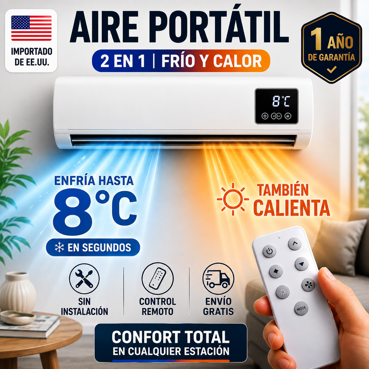 ❄️🔥 Aire 2 en 1 | Enfría hasta 8°C + Calienta | 1 Año de Garantía 🇺🇸