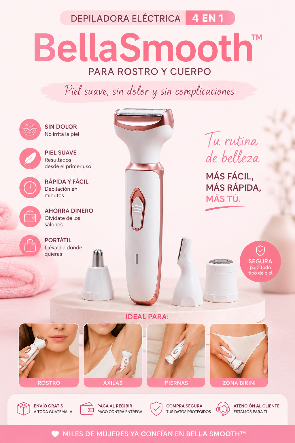 BellaSmooth™ | Depiladora Eléctrica 4 en 1 para Rostro y Cuerpo