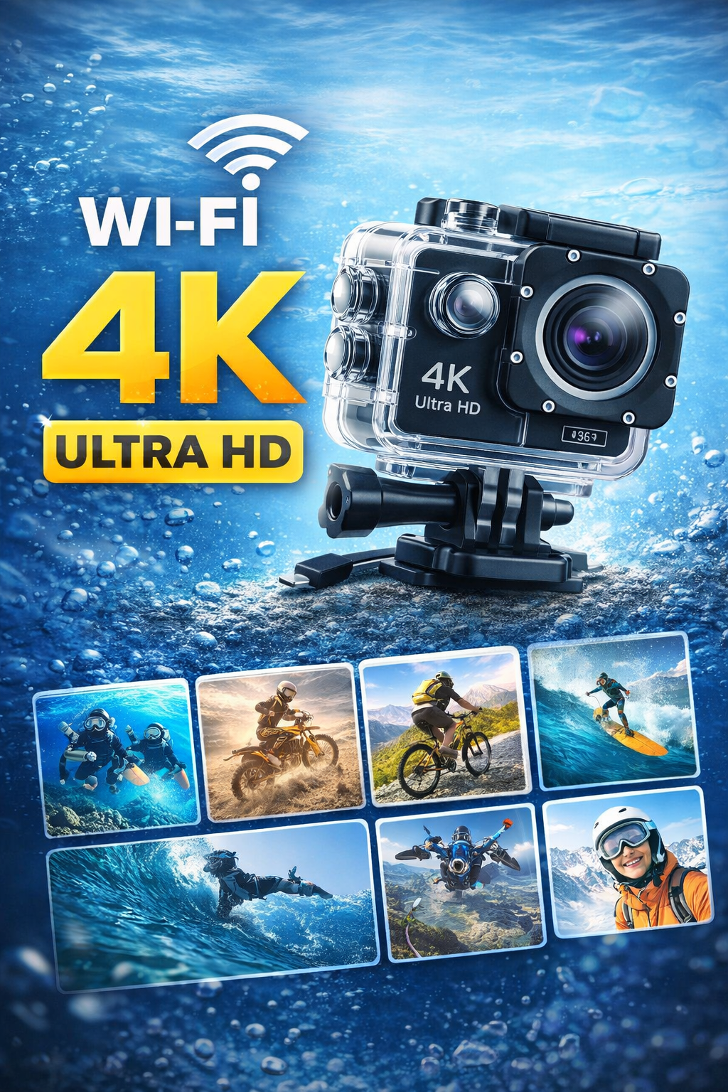 Cámara Deportiva 4K Ultra HD Sumergible + Kit de Accesorios