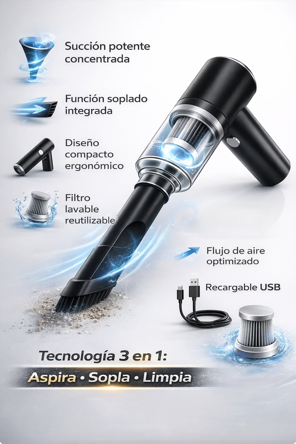 TurboVac Pro™ – Aspiradora portátil 3 en 1 que elimina la suciedad en segundos